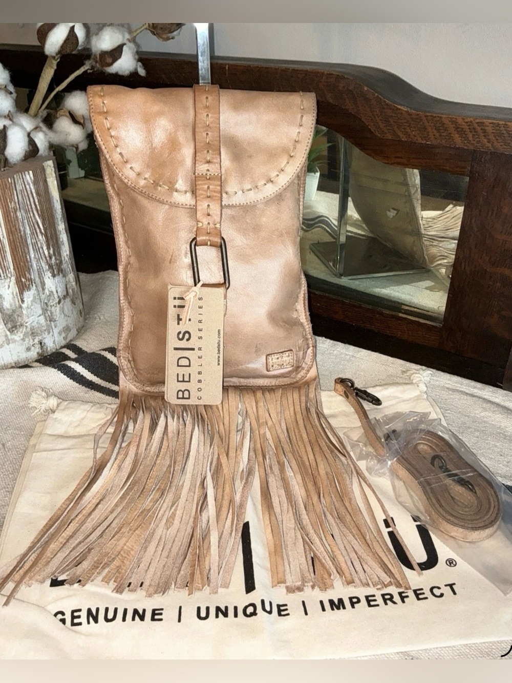 NWT Bed Stu Fringe SANDY LANE II Oats Dip Dyed Leather Crossbody Bag MSRP $165
